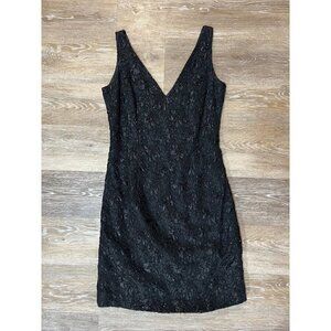 Carmen Marc Valvo Sz 10 Black Soutache Lace Mesh Beaded V Neck Sheath Dress